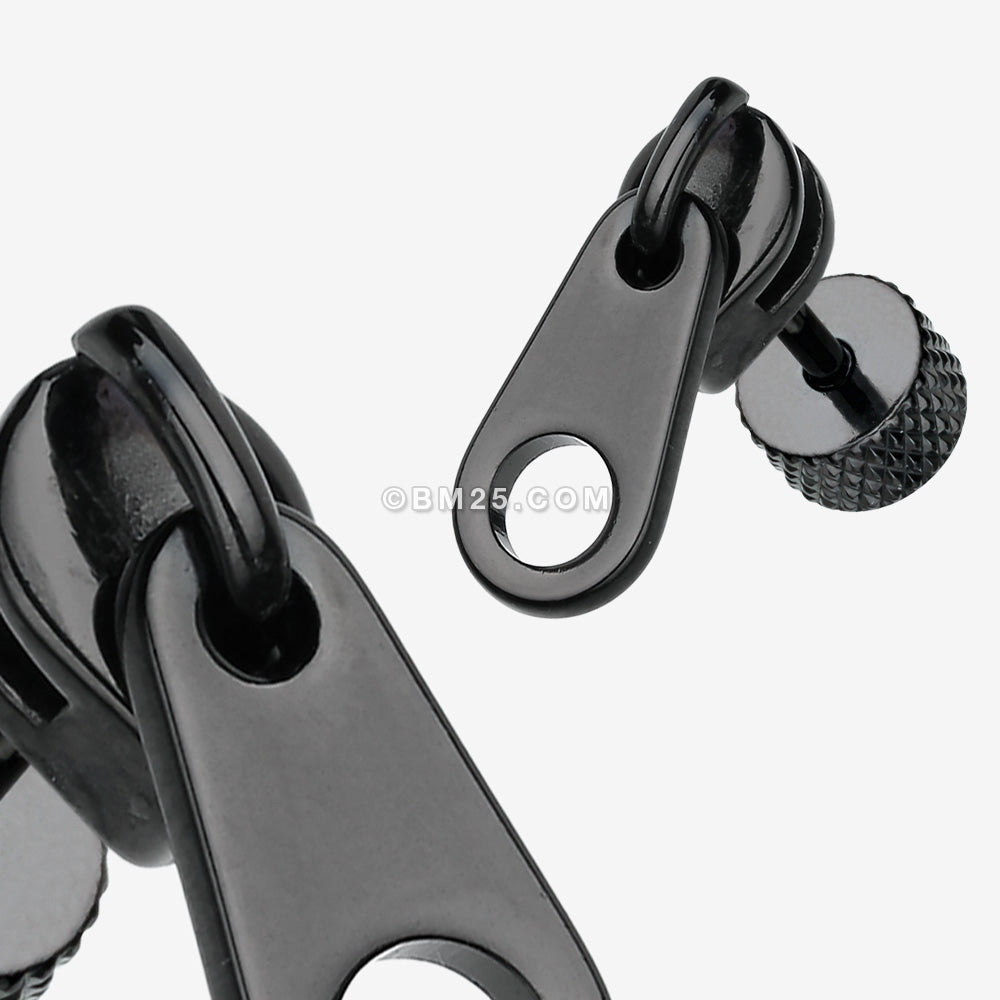 Detail View 1 of A Pair of Blackline Simple Zipper Steel Fake Plug Earring-Black