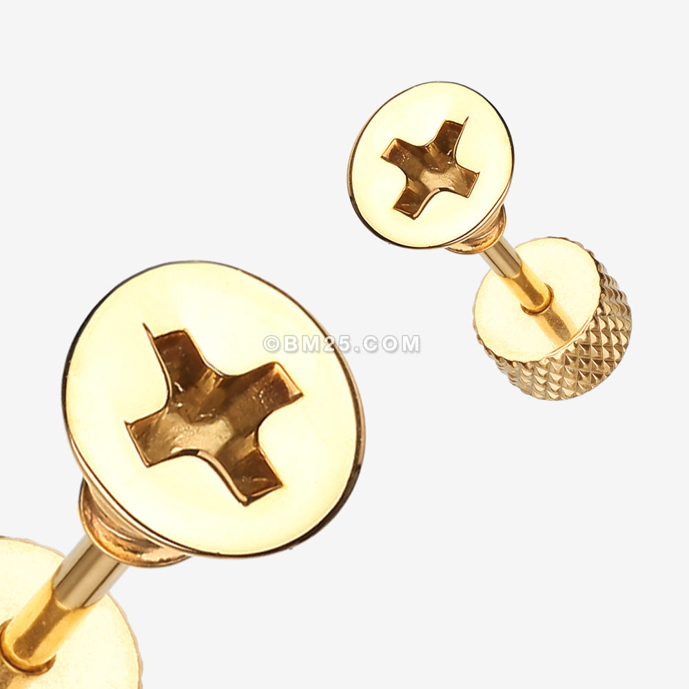 Detail View 1 of A Pair of Golden Screw Bolt Top Steel Fake Plug Earring-Gold