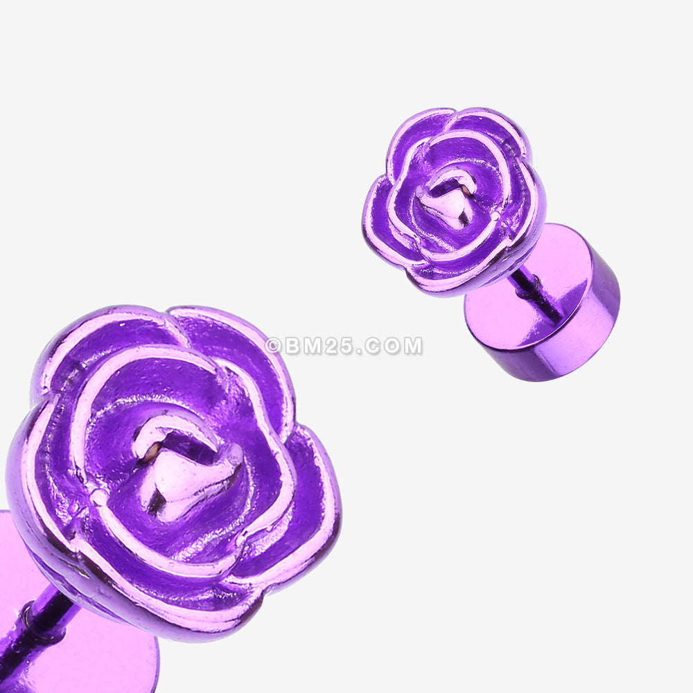 Detail View 1 of A Pair of Colorline Rose Blossom Steel Fake Plug Earring-Purple