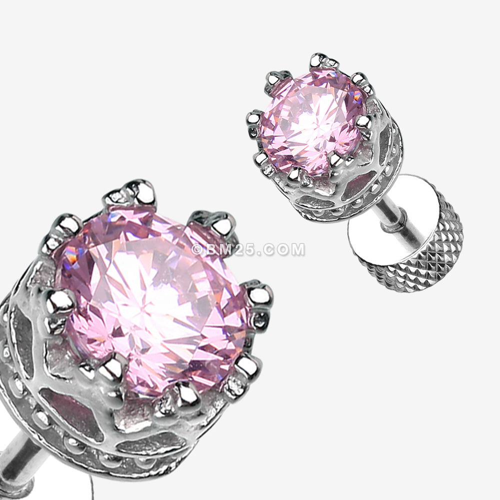 Detail View 1 of A Pair of Tiara Crown Prong Sparkle Fake Plug Earring-Pink