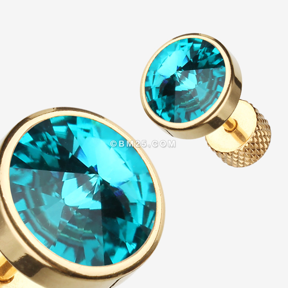 Detail View 1 of A Pair of Golden Pointy Faceted Crystal Fake Plug Earring-Teal