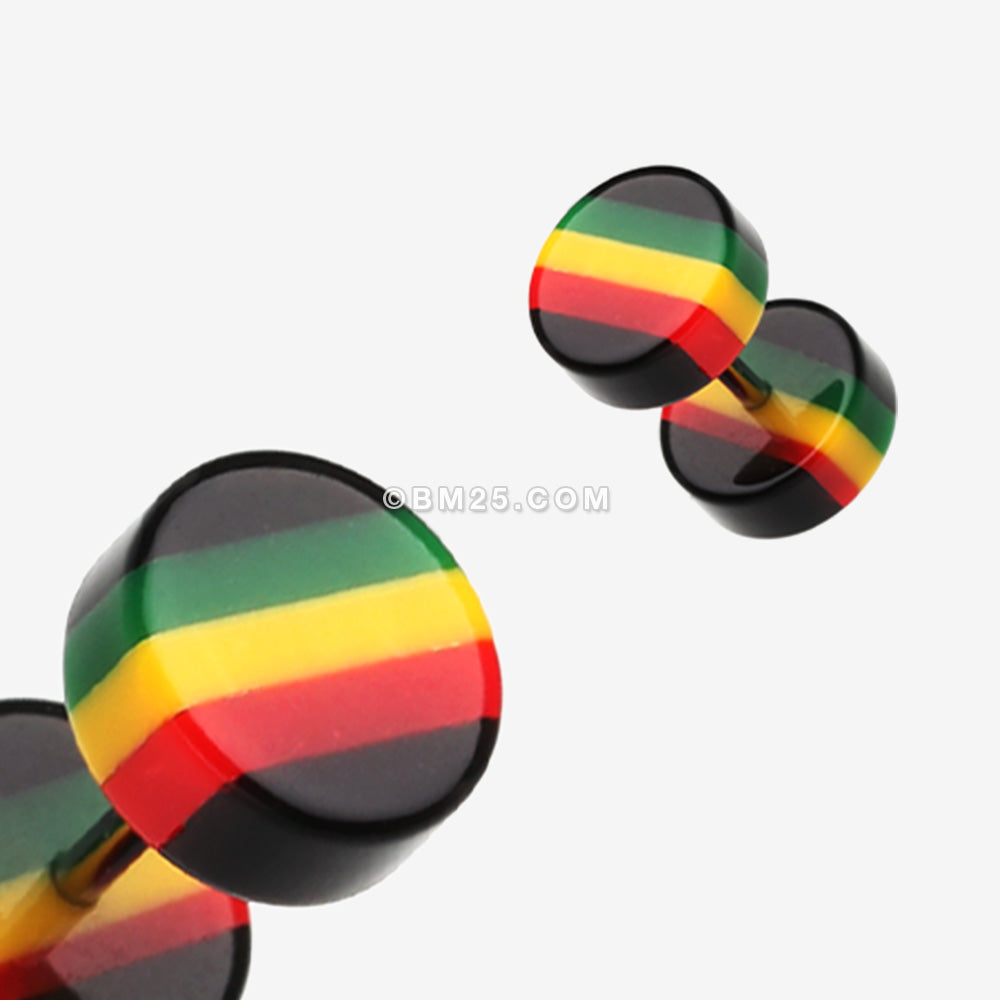 Detail View 1 of A Pair of Jamaican Rasta Stripe Acrylic Faux Gauge Plug Earring-Rainbow/Multi-Color