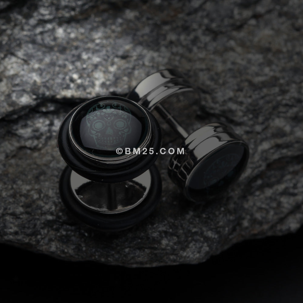 Detail View 1 of A Pair of Glow in the Dark Sugar Skull Steel Fake Plug with O-Rings-Black