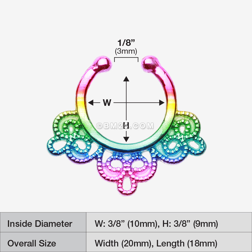 Detail View 1 of Rainbow Florid Filigree Fake Septum Clip-On Ring-Rainbow