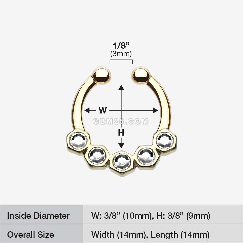 Detail View 1 of Golden Hexa Gemina Sparkle Fake Septum Clip-On Ring-Clear Gem