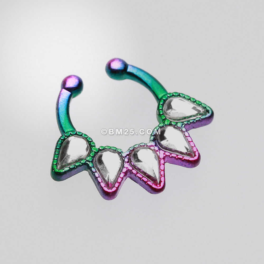Detail View 2 of Colorline Quinary Spear Fake Septum Clip-On Ring-Rainbow/Clear