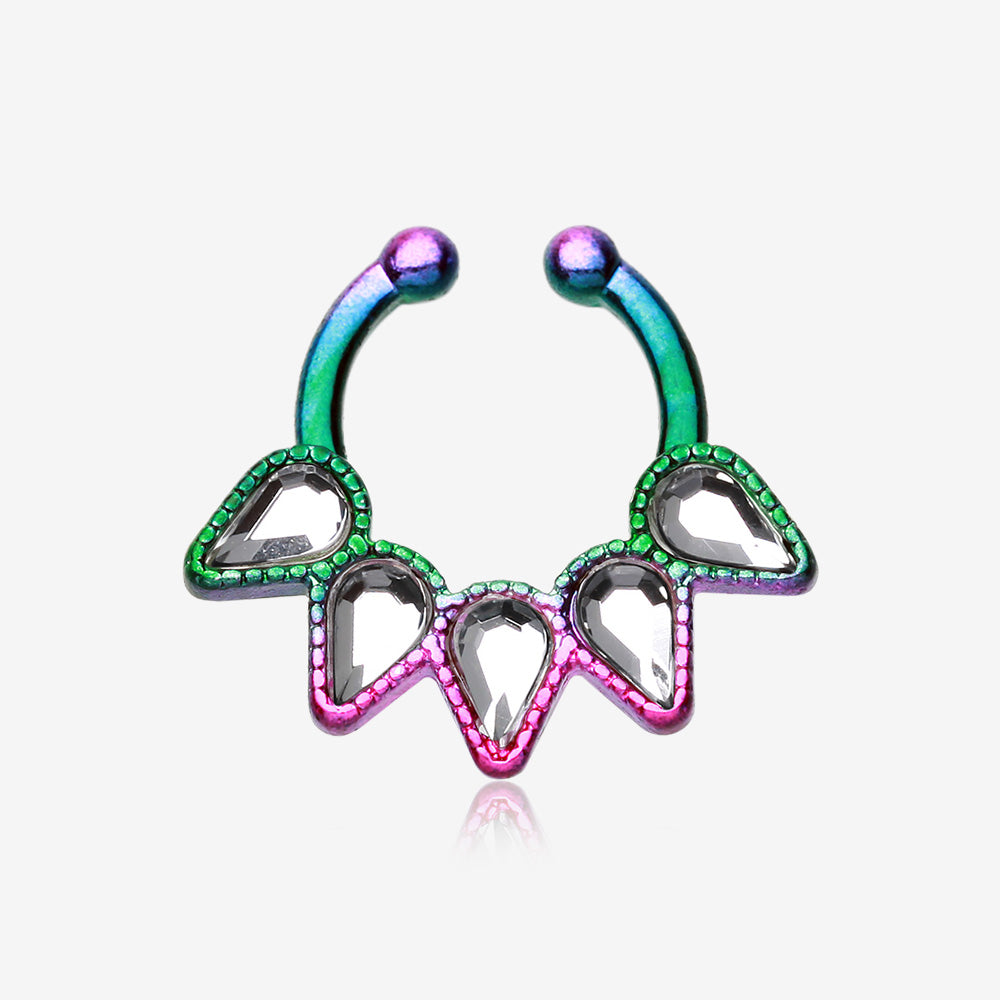 Colorline Quinary Spear Fake Septum Clip-On Ring-Rainbow/Clear
