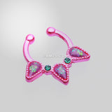 Detail View 2 of Colorline Opal Sparkle Trident Fake Septum Clip-On Ring-Pink/Teal