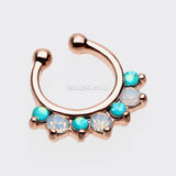 Detail View 2 of Rose Gold Opal Sparkle Deuce Fake Septum Clip-On Ring-Teal/White