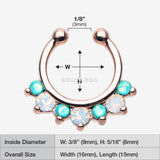 Detail View 1 of Rose Gold Opal Sparkle Deuce Fake Septum Clip-On Ring-Teal/White