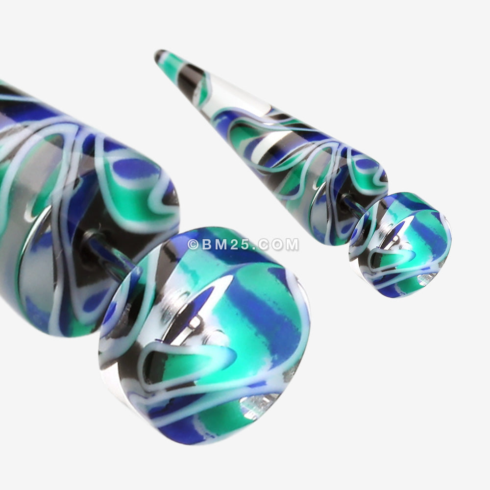 Detail View 1 of A Pair of Marble Inlay UV Acrylic Faux Taper Earring-Blue/Green
