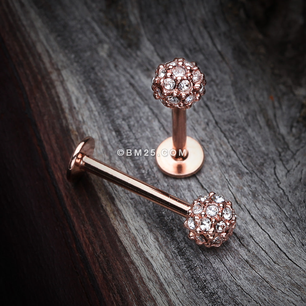 Detail View 1 of Rose Gold Pave Sparkle Full Dome Top Steel Labret-Clear Gem