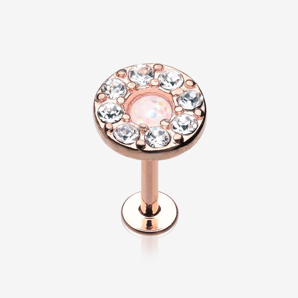 Rose Gold Opal Elegance Multi-Gem Top Steel Labret-Clear Gem/White