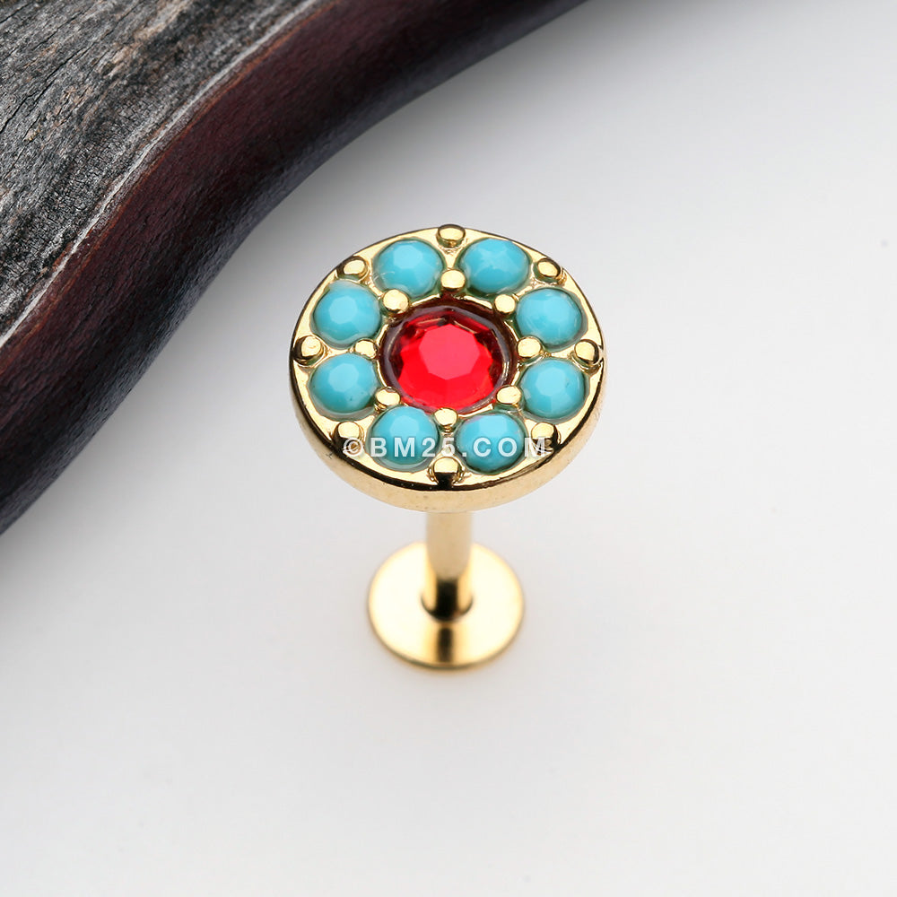 Detail View 1 of Golden Ruby Sparkle Turquoise Top Steel Labret-Red/Turquoise