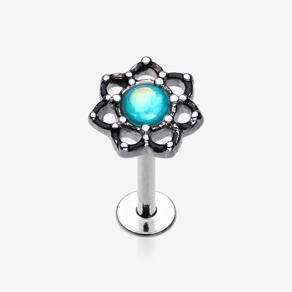 Lotus Flower Filigree Opal Sparkle Steel Labret-Teal
