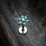 Detail View 1 of Turquoise Spring Flower Sparkle Top Steel Labret-Turquoise/Aurora Borealis