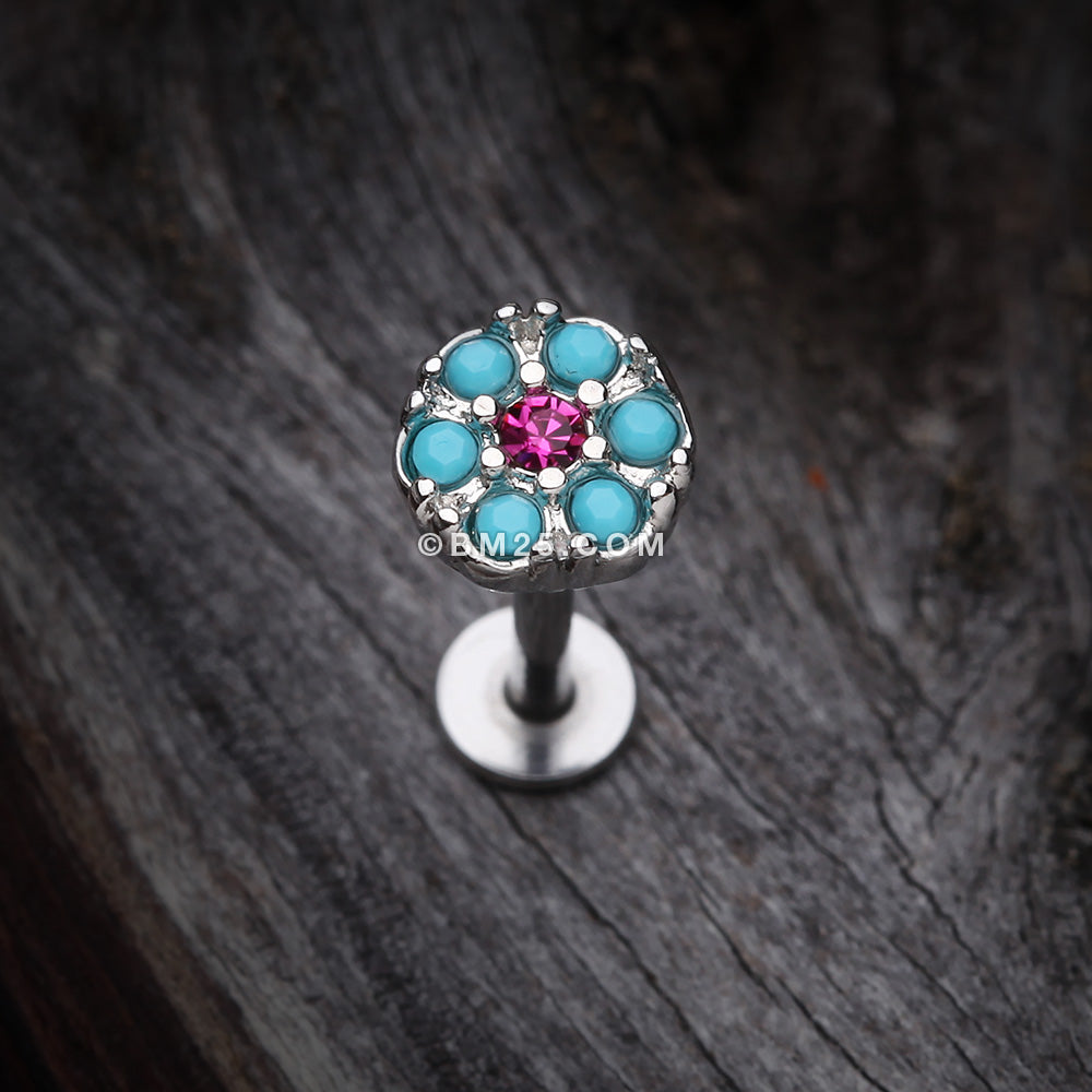 Detail View 1 of Turquoise Boho Circle Sparkle Top Steel Labret-Turquoise/Fuchsia