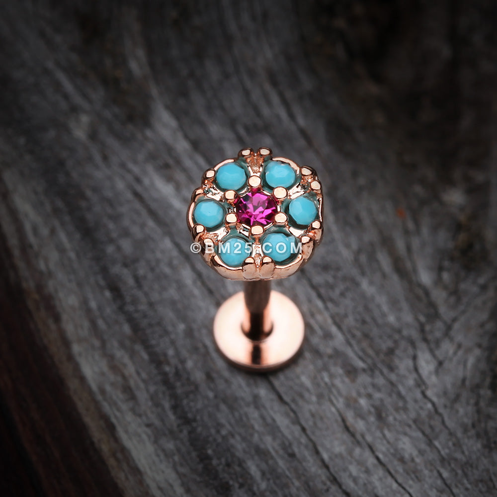 Detail View 1 of Rose Gold Turquoise Boho Circle Sparkle Top Steel Labret-Turquoise/Fuchsia