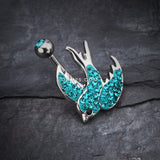 Detail View 2 of Multi-Gem Sparkle Swallow Multi-Gem Belly Button Ring-Teal