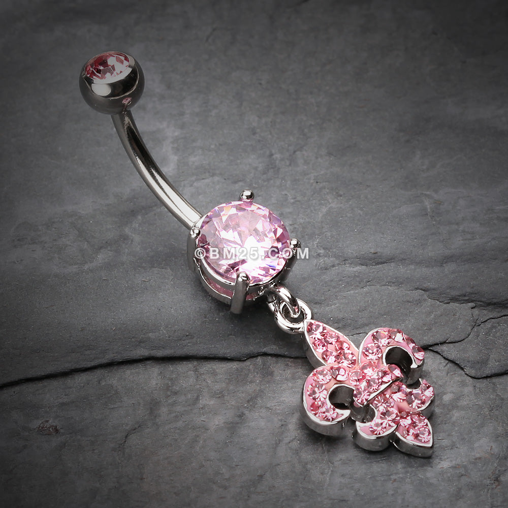 Detail View 2 of Royal Fleur De Lis Multi-Gem Sparkle Dangle Belly Button Ring-Light Pink