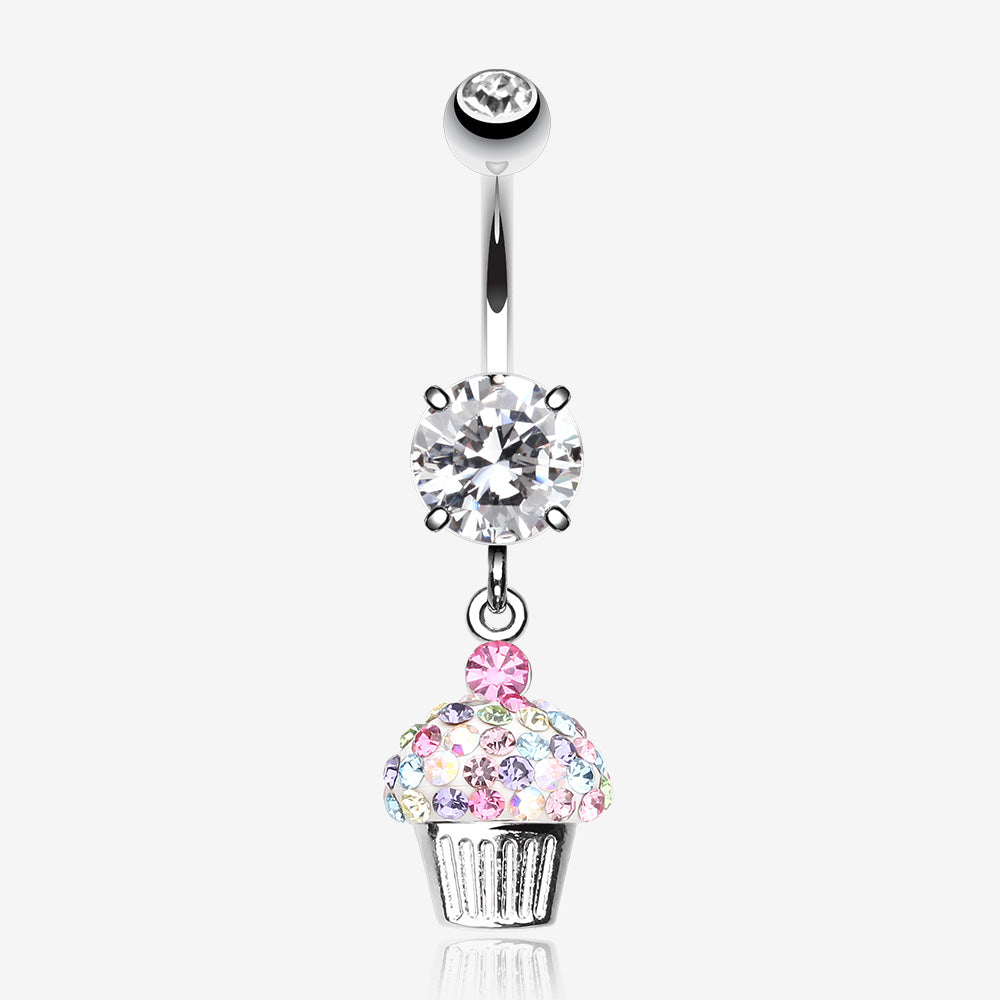 Cupcake Delight Multi-Gem Sparkle Dangle Belly Button Ring-Clear Gem/Rainbow
