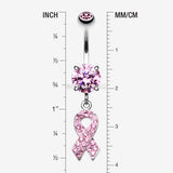 Detail View 1 of Pink Awareness Ribbon Multi-Gem Sparkle Dangle Belly Button Ring-Light Pink
