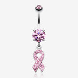 Pink Awareness Ribbon Multi-Gem Sparkle Dangle Belly Button Ring