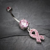 Detail View 2 of Pink Awareness Ribbon Multi-Gem Sparkle Dangle Belly Button Ring-Light Pink