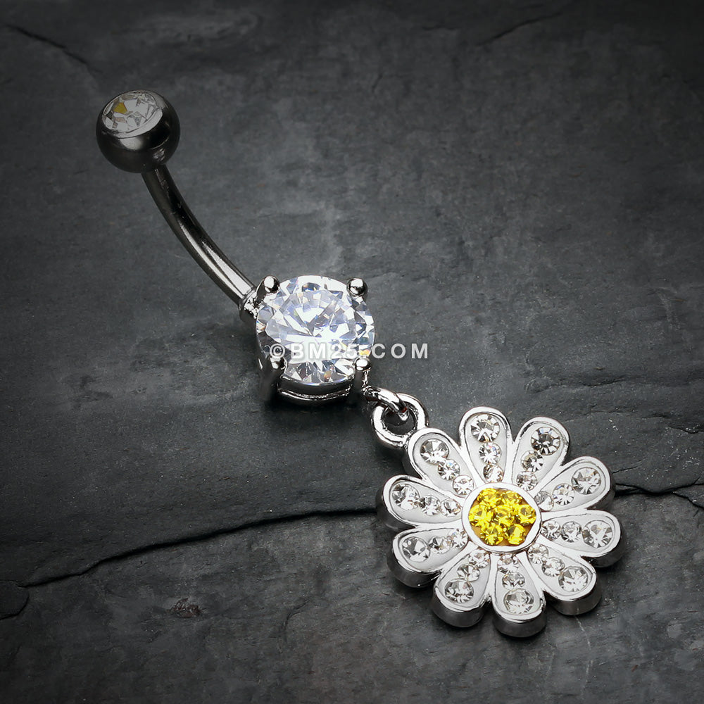 Detail View 2 of Cutesy Daisy Multi-Gem Sparkle Belly Button Ring-Clear Gem/Yellow