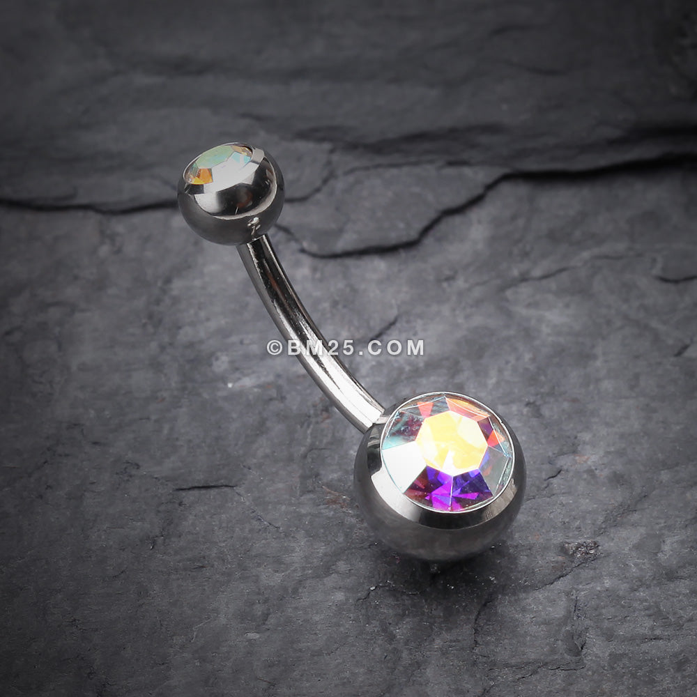 Detail View 2 of Double Gem Ball Steel Belly Button Ring-Aurora Borealis