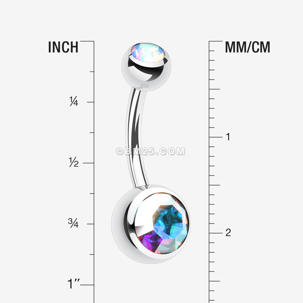 Detail View 1 of Double Gem Ball Steel Belly Button Ring-Aurora Borealis