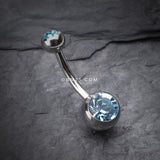 Detail View 2 of Double Gem Ball Steel Belly Button Ring-Aqua
