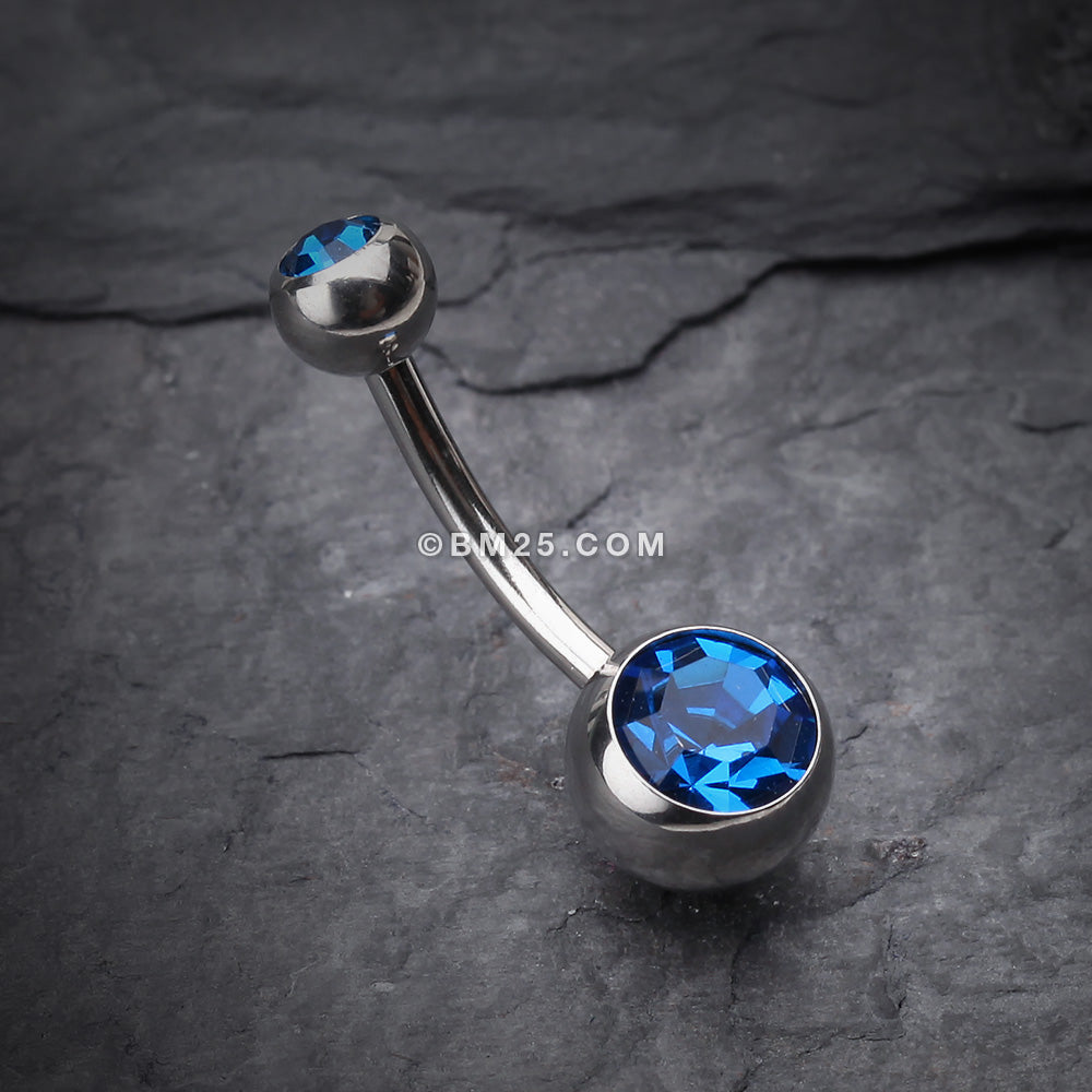 Detail View 2 of Double Gem Ball Steel Belly Button Ring-Capri Blue