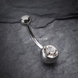 Detail View 2 of Double Gem Ball Steel Belly Button Ring-Clear Gem