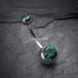 Detail View 2 of Double Gem Ball Steel Belly Button Ring-Dark Green