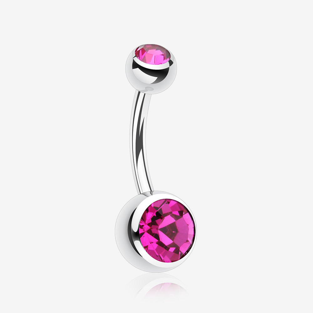 Double Gem Ball Steel Belly Button Ring-Fuchsia