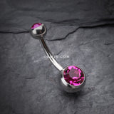 Detail View 2 of Double Gem Ball Steel Belly Button Ring-Fuchsia