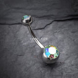 Detail View 2 of Double Gem Ball Steel Belly Button Ring-Light Green/Aurora Borealis