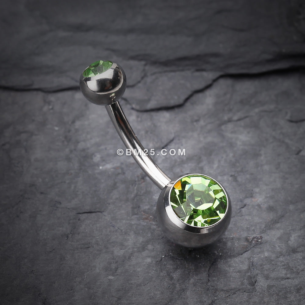 Detail View 2 of Double Gem Ball Steel Belly Button Ring-Light Green