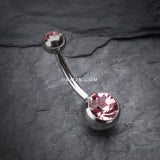 Detail View 2 of Double Gem Ball Steel Belly Button Ring-Light Pink
