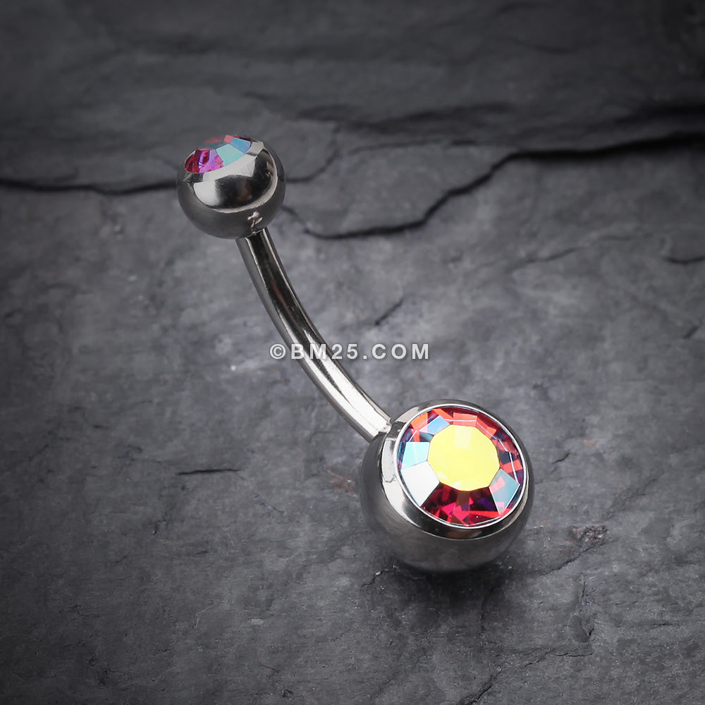 Detail View 2 of Double Gem Ball Steel Belly Button Ring-Pink/Aurora Borealis