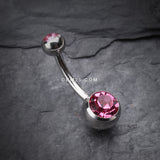 Detail View 2 of Double Gem Ball Steel Belly Button Ring-Pink