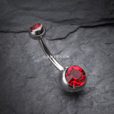 Detail View 2 of Double Gem Ball Steel Belly Button Ring-Red