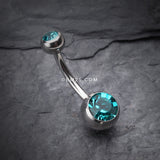 Detail View 2 of Double Gem Ball Steel Belly Button Ring-Teal