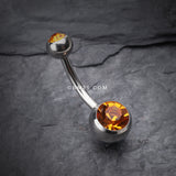 Detail View 2 of Double Gem Ball Steel Belly Button Ring-Topaz