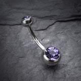 Detail View 2 of Double Gem Ball Steel Belly Button Ring-Tanzanite