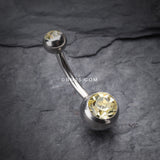 Detail View 2 of Double Gem Ball Steel Belly Button Ring-Yellow