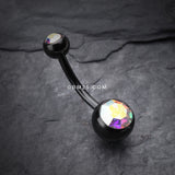 Detail View 2 of Colorline Double Gem Ball Steel Belly Button Ring-Black/Aurora Borealis