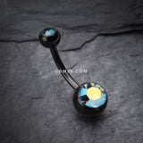 Detail View 2 of Colorline Double Gem Ball Steel Belly Button Ring-Black/Aqua/Aurora Borealis