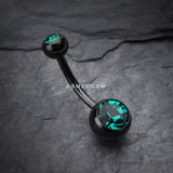 Detail View 2 of Colorline Double Gem Ball Steel Belly Button Ring-Black/Dark Green